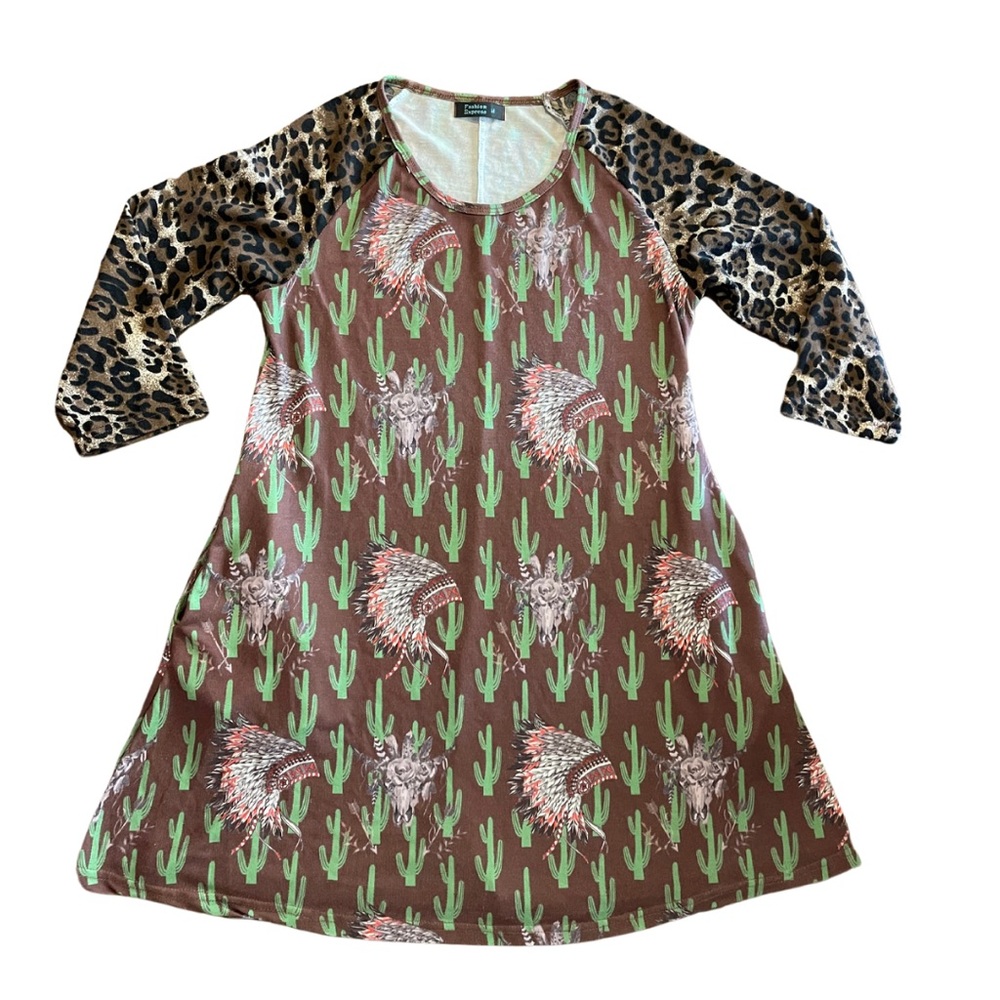 Cute Western and Leopard Print Knit Dress with Pockets Size Medium